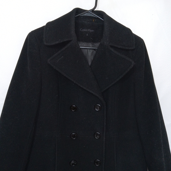 Calvin Klein Double Breasted Peacoat Womens Size 6 Black Wool Blend Long Sleeve - Picture 5 of 13